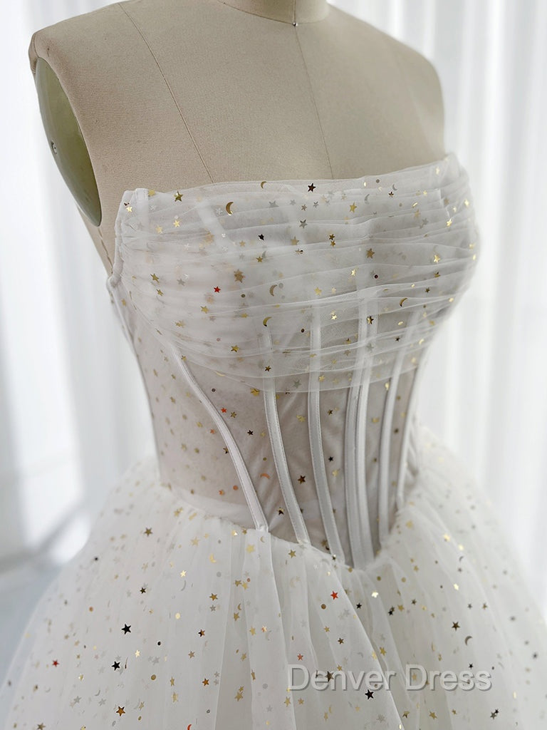 White A Line Tulle Star Short Prom Dress, White Cute Homecoming Dresses