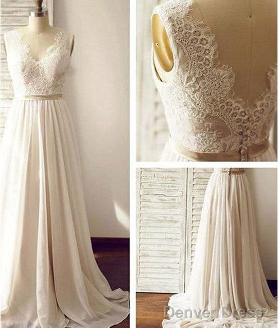 White A Line V Neck Chiffon Lace Long Prom Dress, Bridesmaid Dresses