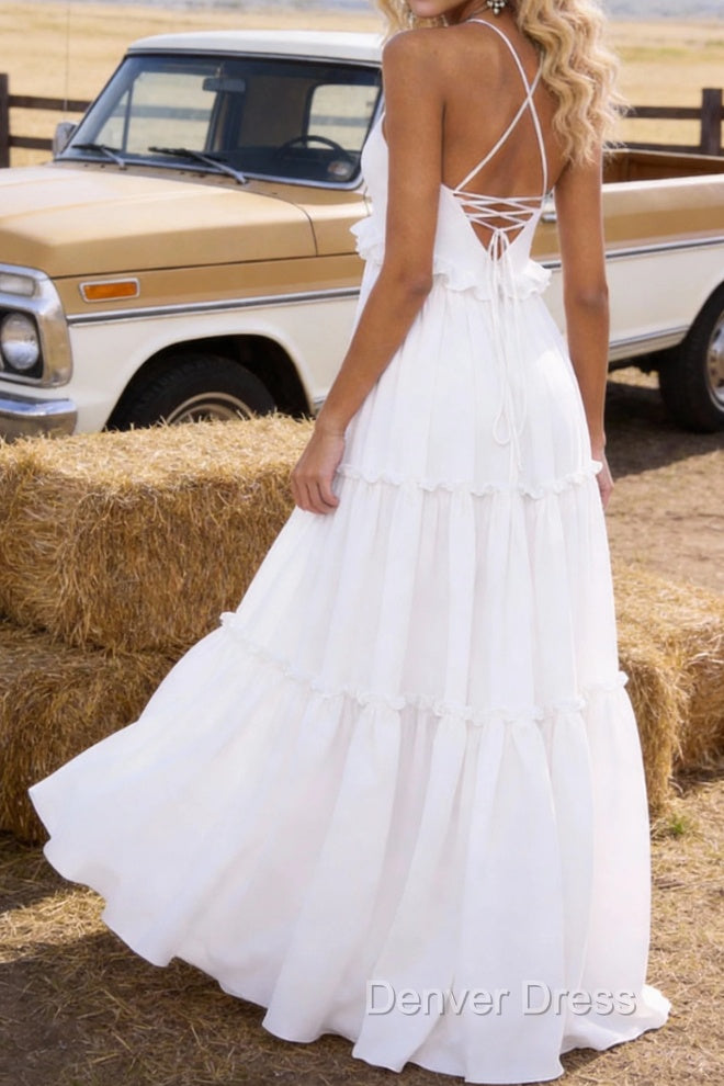 White A-line V Neck Sleeveless Floor-Length Chiffon Prom Dress Long Prom Dresses Backless with Pleated Ruffles Secondary image