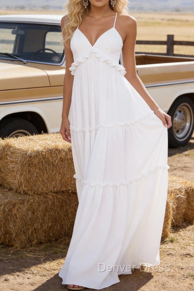 White A-line V Neck Sleeveless Floor-Length Chiffon Prom Dress Long Prom Dresses Backless with Pleated Ruffles Main image