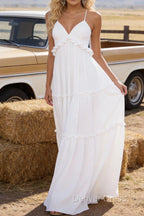 White A-line V Neck Sleeveless Floor-Length Chiffon Prom Dress Long Prom Dresses Backless with Pleated Ruffles