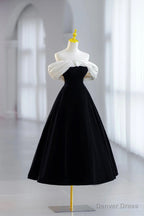 White and Black Velvet Short Prom Dress, Black Off Shoulder Prom Dresses