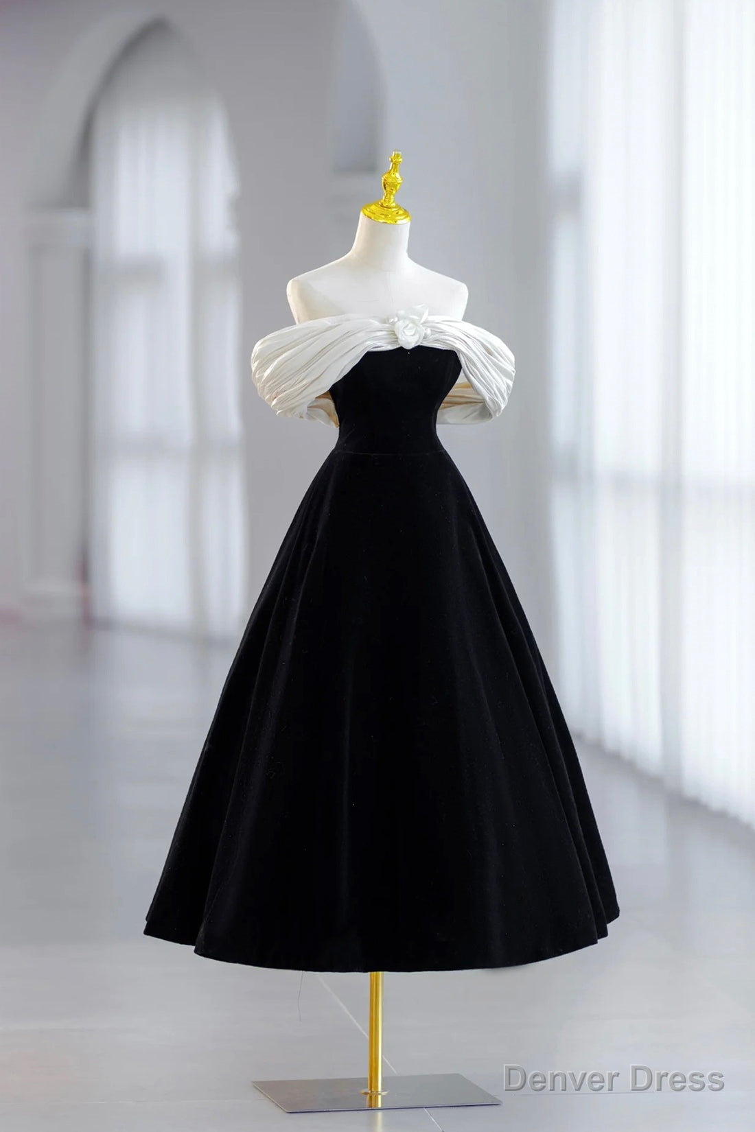 White and Black Velvet Short Prom Dress, Black Off Shoulder Prom Dresses