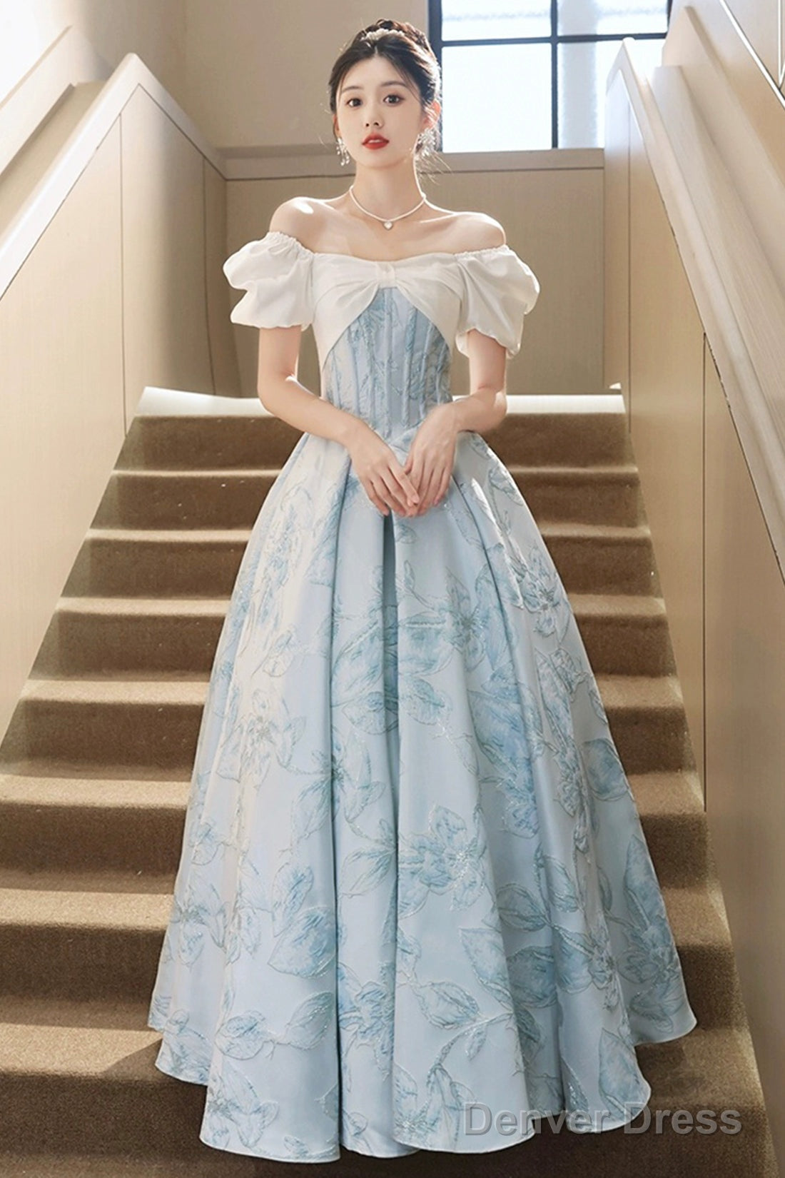 White And Blue Printed Floor Length Prom Dress, Lovely Short Sleeve Formal Evening Dress Main image