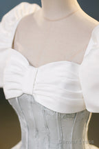 White And Gray Printed Long Ball Gown, Elegant Short Sleeve Formal Gown