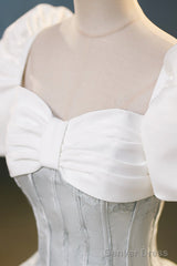 White And Gray Printed Long Ball Gown, Elegant Short Sleeve Formal Gown