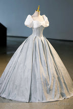 White And Gray Printed Long Ball Gown, Elegant Short Sleeve Formal Gown