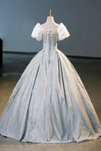 White And Gray Printed Long Ball Gown, Elegant Short Sleeve Formal Gown