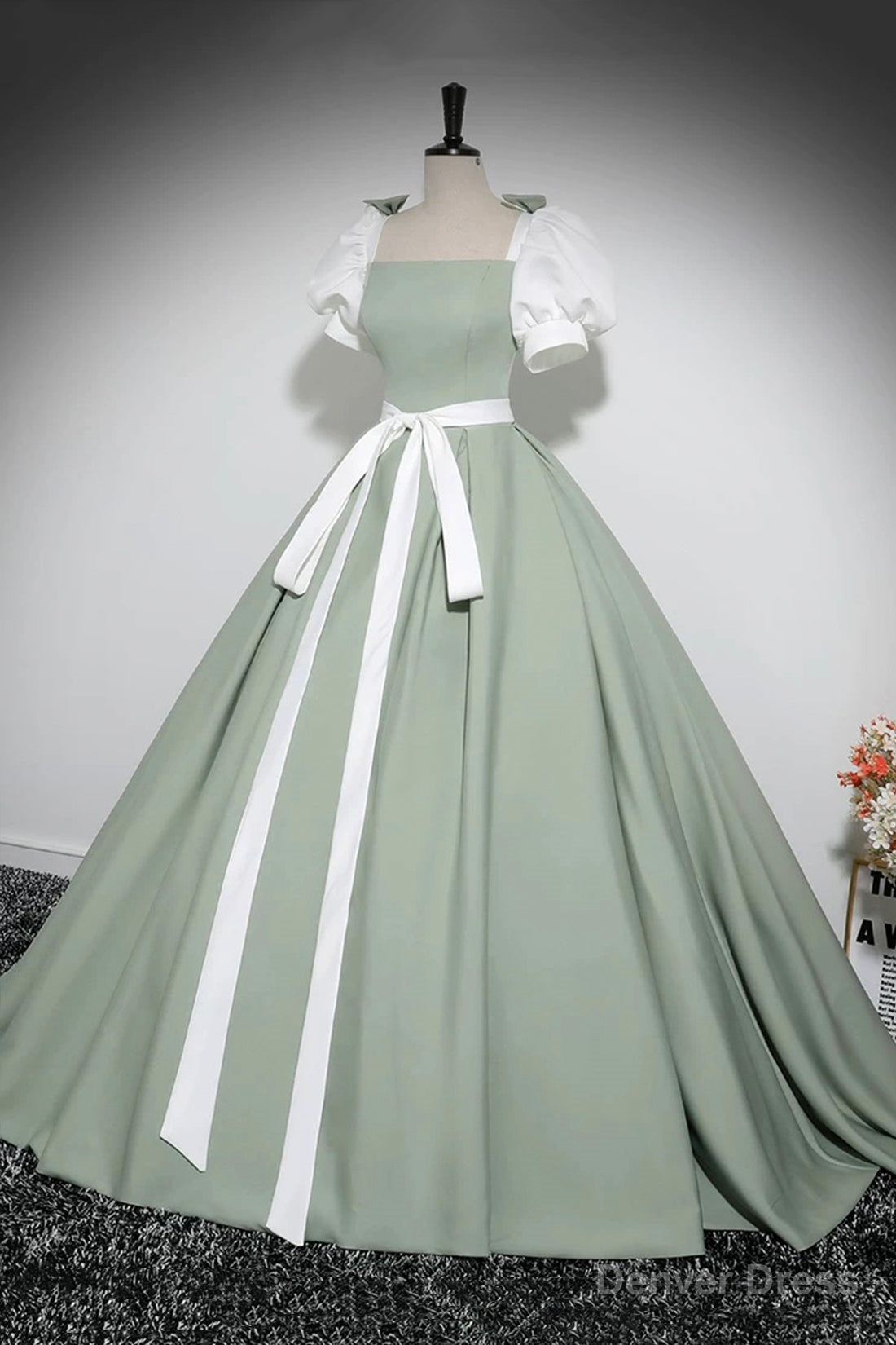 White and Green Floor Length Prom Dress, Lovely A Line Short Sleeve Prom Dresses Secondary image