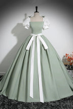 White and Green Floor Length Prom Dress, Lovely A Line Short Sleeve Prom Dresses