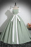 White and Green Floor Length Prom Dress, Lovely A Line Short Sleeve Prom Dresses