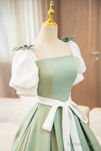 White and Green Long Prom Dress, Lovely A-Line Short Sleeve Evening Party Dress