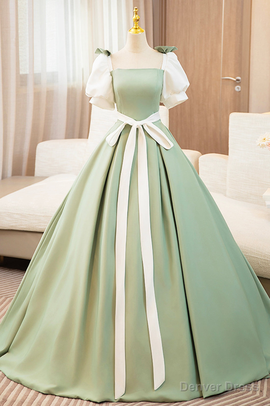 White and Green Long Prom Dress, Lovely A Line Short Sleeve Prom Dresses Main image