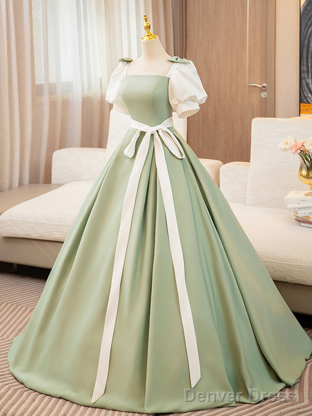 White And Green Satin Long Prom Dress, A-Line Short Sleeve Evening Party Dress Secondary image