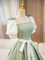 White And Green Satin Long Prom Dress, A-Line Short Sleeve Evening Party Dress
