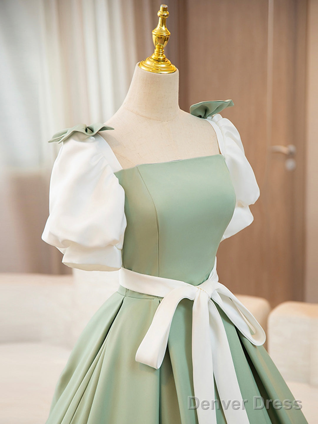 White And Green Satin Long Prom Dress, A-Line Short Sleeve Evening Party Dress