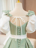 White And Green Satin Long Prom Dress, A-Line Short Sleeve Evening Party Dress