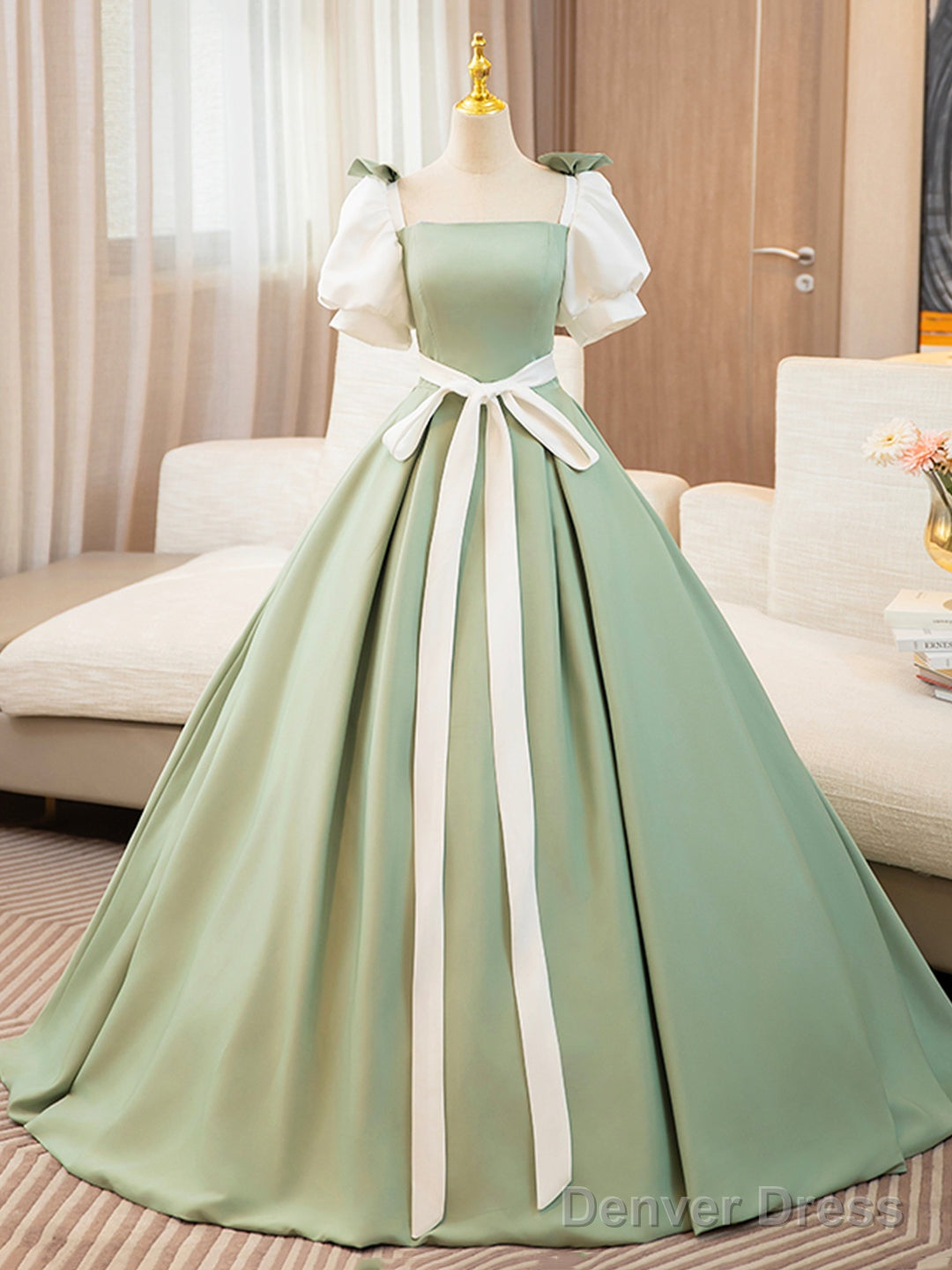 White And Green Satin Long Prom Dress, A-Line Short Sleeve Evening Party Dress