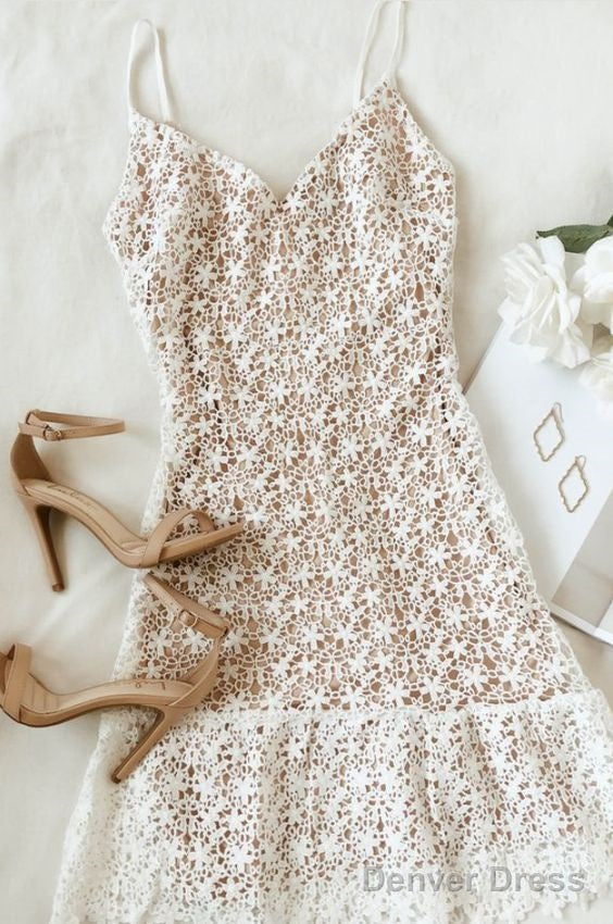 White And Nude Lace Ruffled Mini Dress Homecoming Dresses Main image