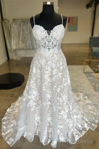 White Appliques Sweetheart Spaghetti Strap Long Wedding Dress Beautiful