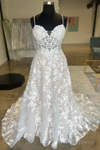 White Appliques Sweetheart Spaghetti Strap Long Wedding Dresses Beautiful