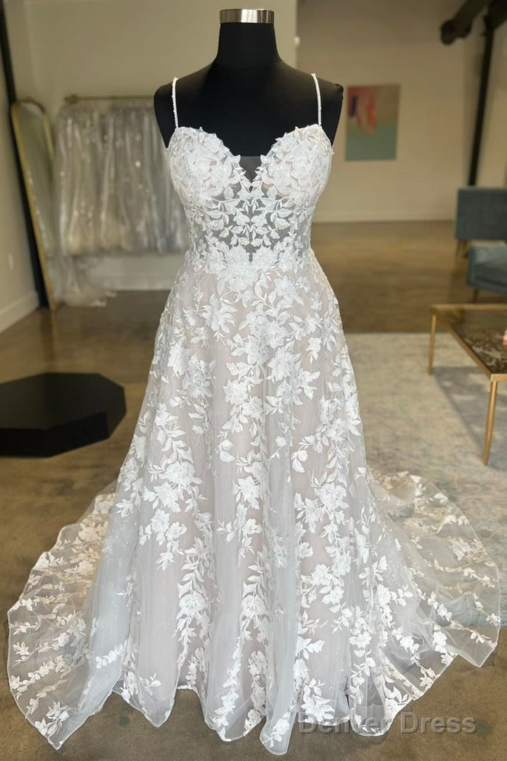 White Appliques Sweetheart Spaghetti Strap Long Wedding Dresses Beautiful