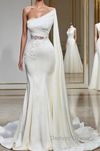 White Asymmetric One Shoulder Mermaid Stretch Satin Prom Dresses