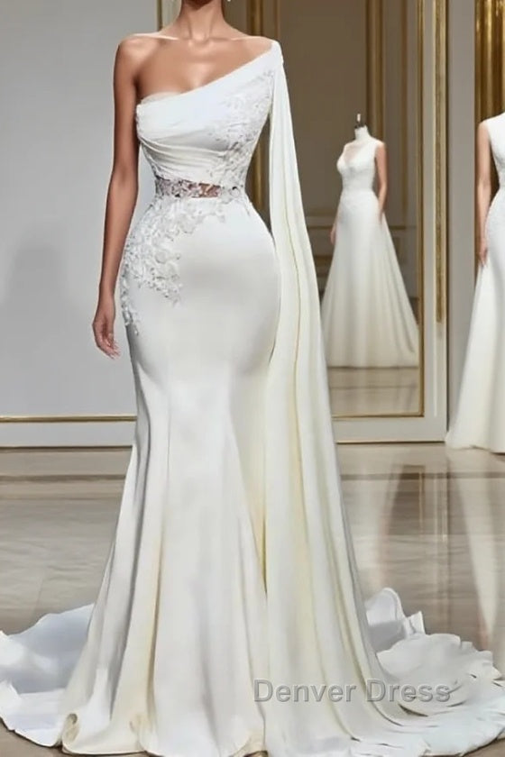 White Asymmetric One Shoulder Mermaid Stretch Satin Prom Dresses