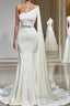 White Asymmetric One Shoulder Mermaid Stretch Satin Prom Dresses