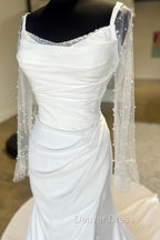 White Backless Ruched Wedding Dresses With Detachable Sleeves Open Back
