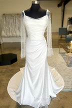 White Backless Ruched Wedding Dresses With Detachable Sleeves Open Back