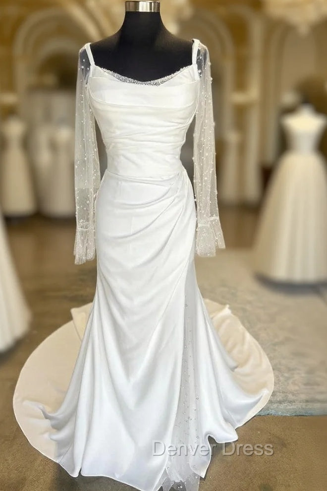 White Backless Ruched Wedding Dresses With Detachable Sleeves Open Back Main image
