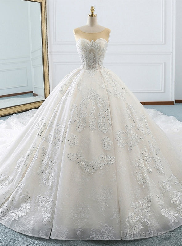 White Ball Gowns Appliques Bateau Backless Wedding Dresses With Train