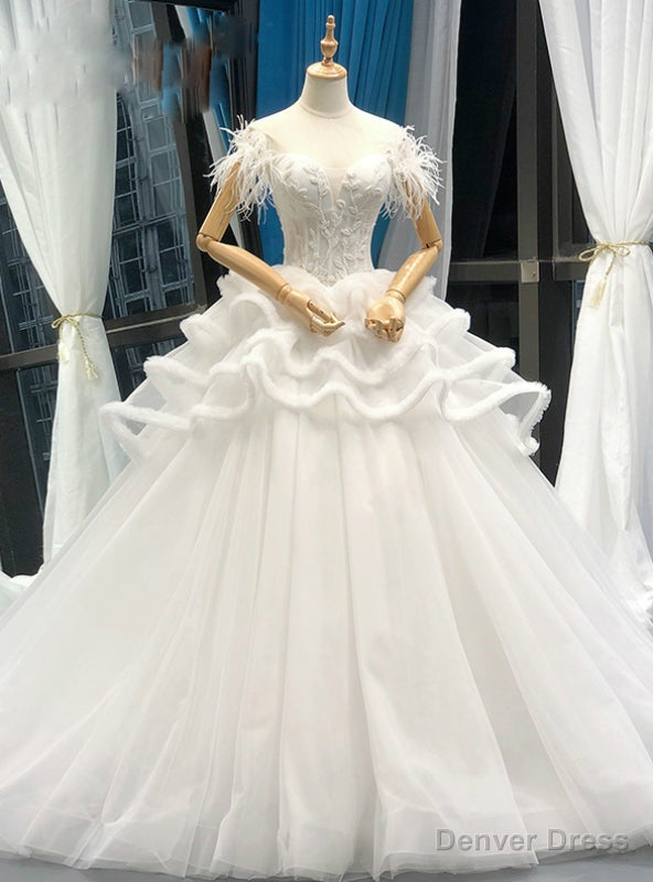White Ball Gowns Corset Tulle Off The Shoulder Wedding Dresses With Feather