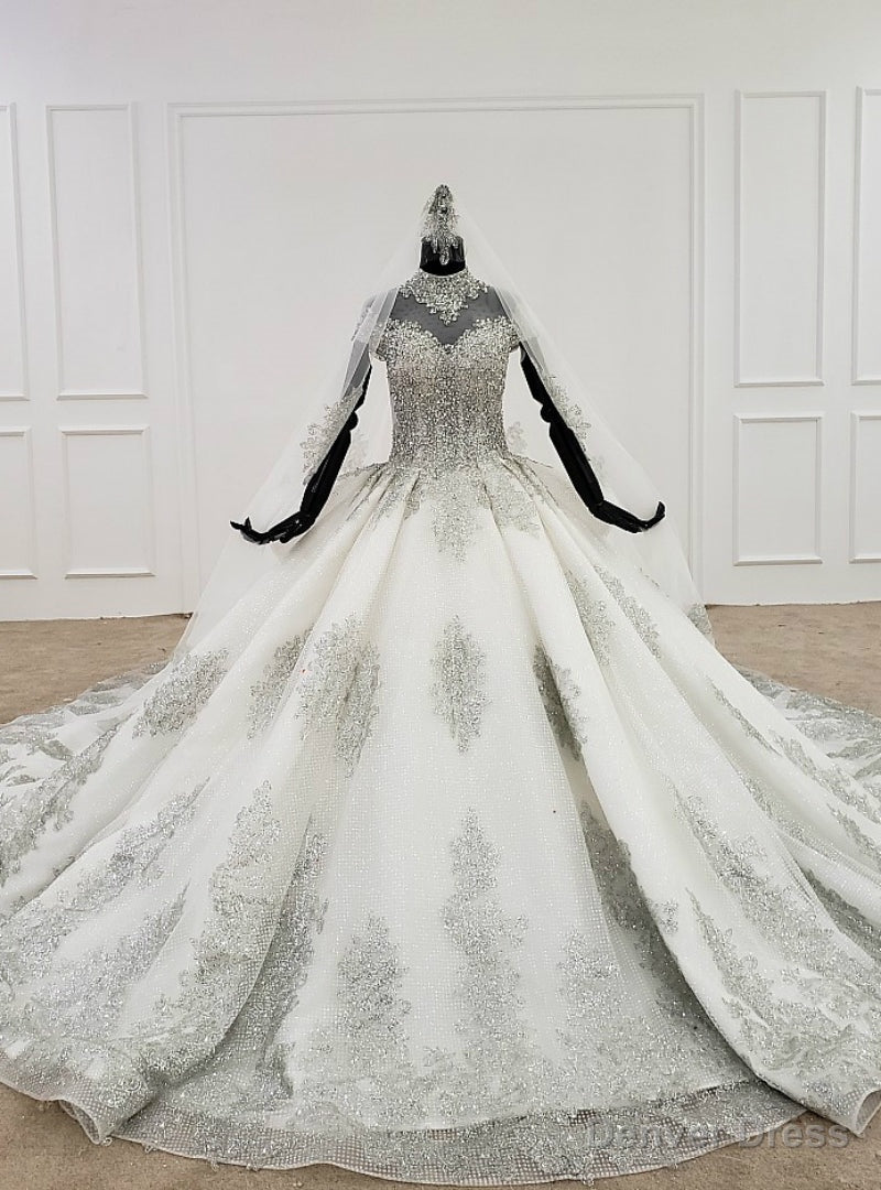 White Ball Gowns High Neck Cap Sleeve Beading Sequins Wedding Dresses