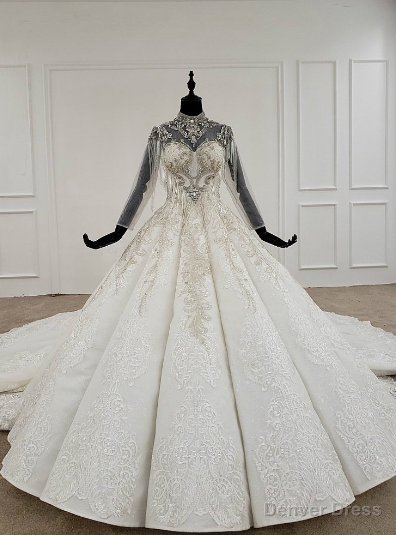 White Ball Gowns Lace Appliques High Neck Beading Crystal Wedding Dresses