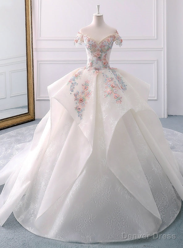 White Ball Gowns Lace Off The Shoulder Flower Wedding Dresses