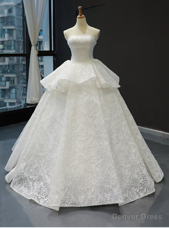 White Ball Gowns Lace Sequins Strapless Sleeveless Wedding Dresses
