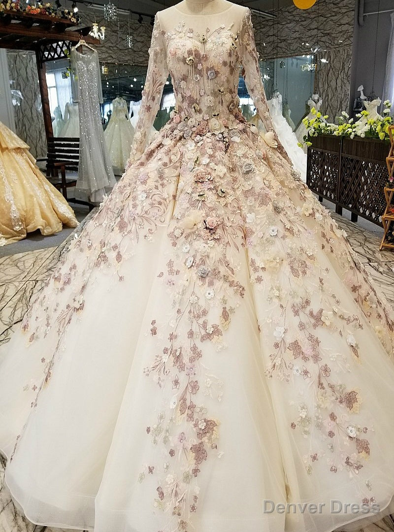 White Ball Gown Long Sleeve Flower Floor Length Wedding Dress Main image