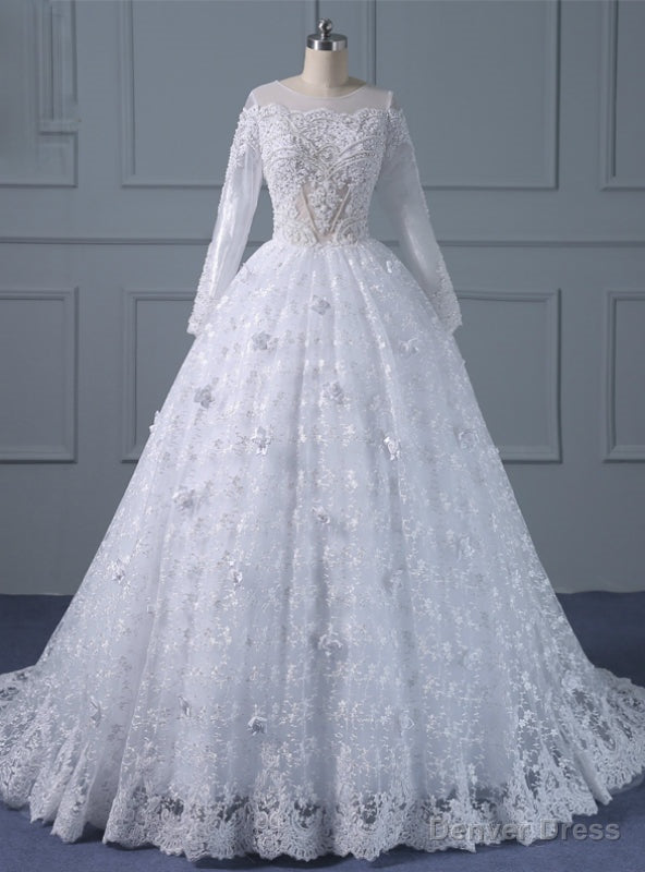 White Ball Gown Long Sleeve Lace Appliques With Beading Wedding Dress Main image