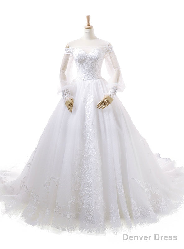 White Ball Gowns Off The Shoulder Long Sleeve Appliques Wedding Dresses