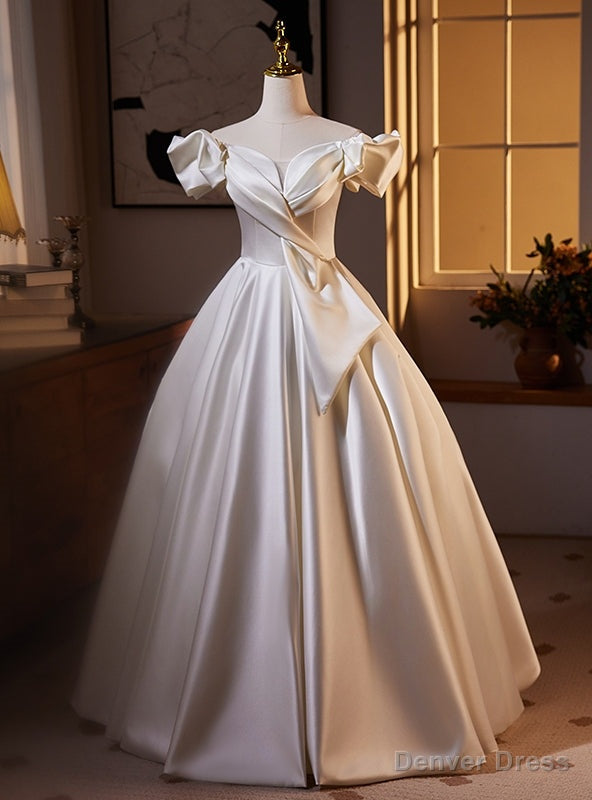 White Ball Gowns Pleats Satin Off the Shoulder Wedding Dresses