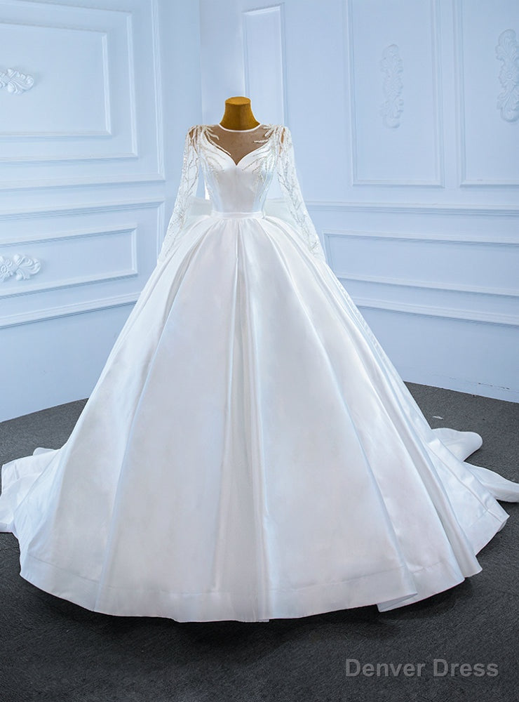 White Ball Gown Satin Long Sleeve Beaidng Wedding Dress With Bow Main image