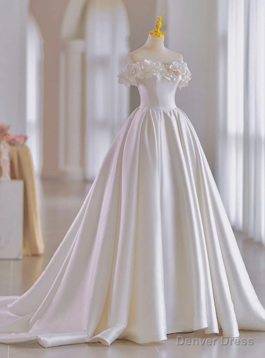 White Ball Gowns Satin Off the Shoulder Flower Wedding Dresses