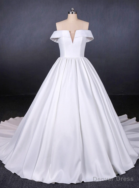 White Ball Gown Satin Off the Shoulder Pleats Wedding Dress Main image