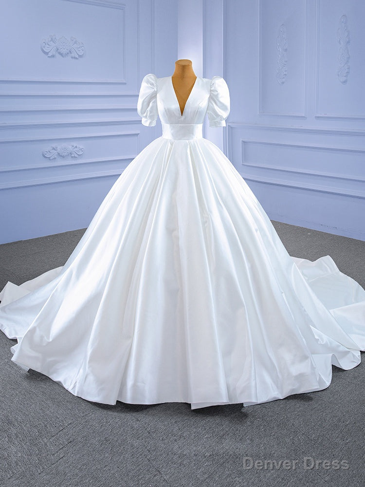 White Ball Gown Satin V-neck Puff Sleeve Wedding Dress Main image
