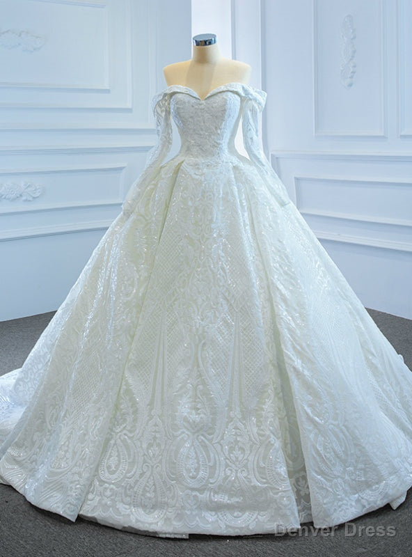 White Ball Gowns Sequins Off the Shoulder Long Sleeve Wedding Dresses