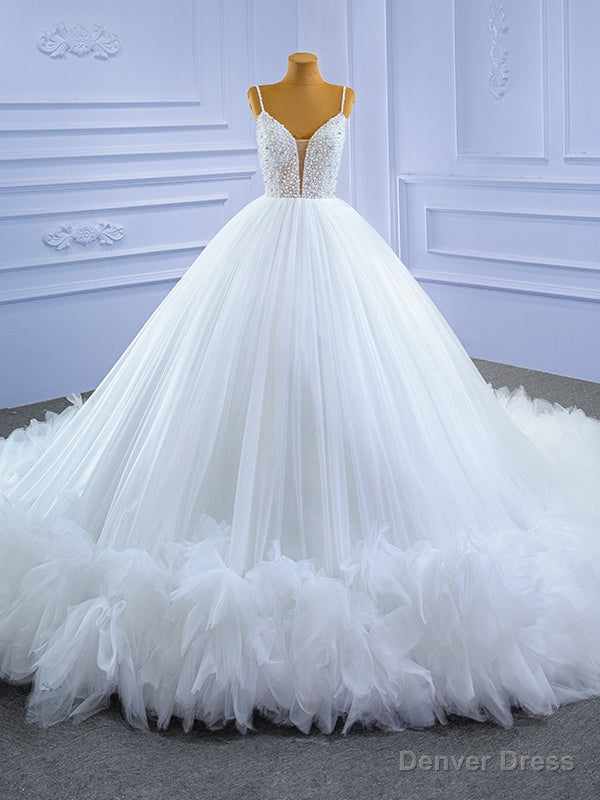 White Ball Gowns Spaghetti Straps Pearls Wedding Dresses