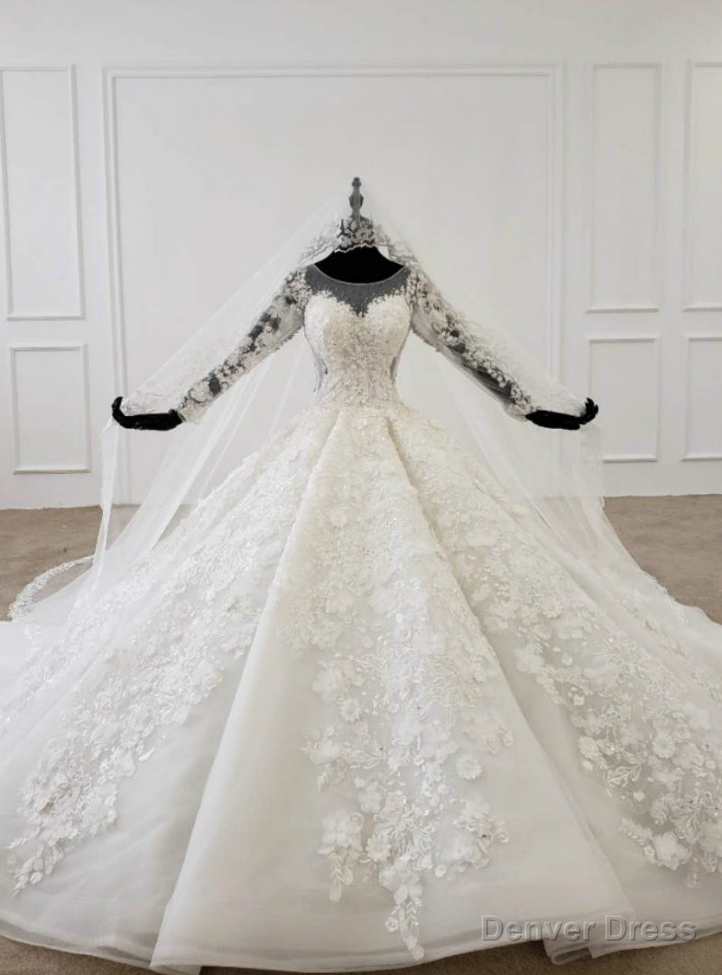 White Ball Gowns Tulle 3D Appliques Long Sleeve Wedding Dresses With Veil