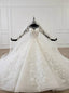 White Ball Gowns Tulle 3D Appliques Long Sleeve Wedding Dresses With Veil
